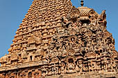 The great Chola temples of Tamil Nadu - The Brihadishwara Temple of Thanjavur. The tower with the auxiliary Subrahmanya shrine in the foreground. 